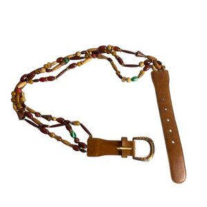 Vintage Express Leather Belt Gold Buckle Beaded Jeweled Boho Brown Western Fall